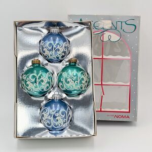 Vintage Doubl-Glo Mercury Glass Glitter Christmas Ornaments 4 Teal Blue Swirl